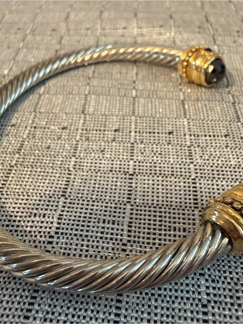 Silver-Tone Twisted Cuff Bracelet with Black Stone